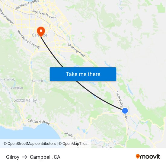 Gilroy to Campbell, CA map