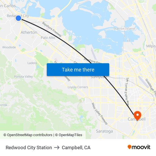 Redwood City Station to Campbell, CA map