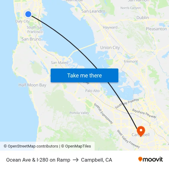 Ocean Ave & I-280 on Ramp to Campbell, CA map