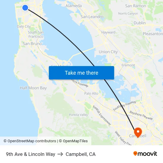 9th Ave & Lincoln Way to Campbell, CA map