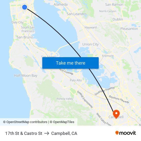 17th St & Castro St to Campbell, CA map