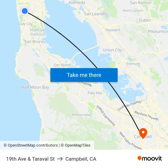 19th Ave & Taraval St to Campbell, CA map