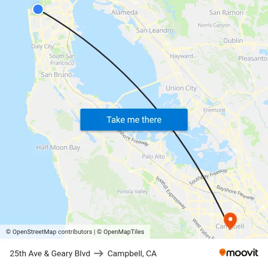 25th Ave & Geary Blvd to Campbell, CA map