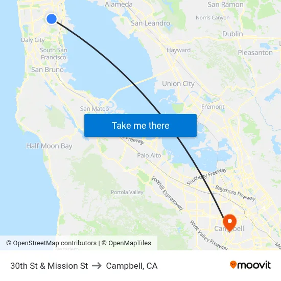 30th St & Mission St to Campbell, CA map