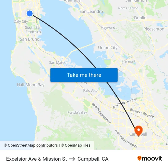 Excelsior Ave & Mission St to Campbell, CA map
