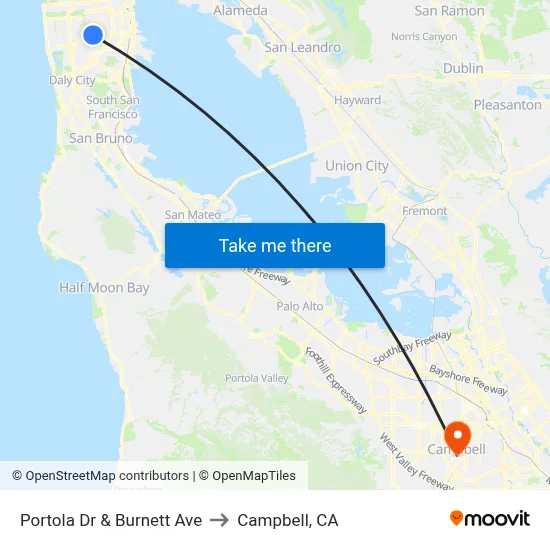 Portola Dr & Burnett Ave to Campbell, CA map