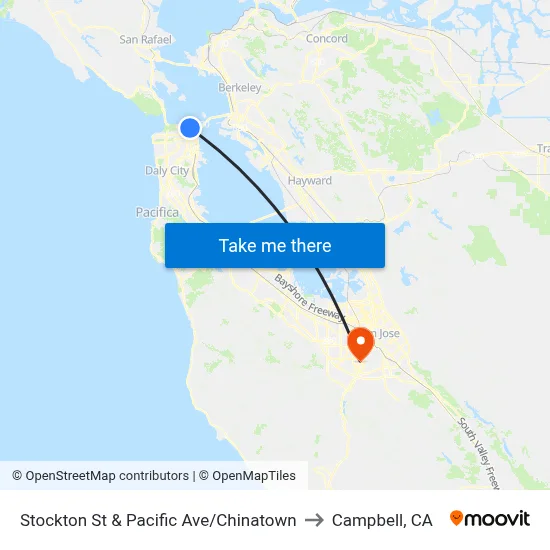 Stockton St & Pacific Ave/Chinatown to Campbell, CA map
