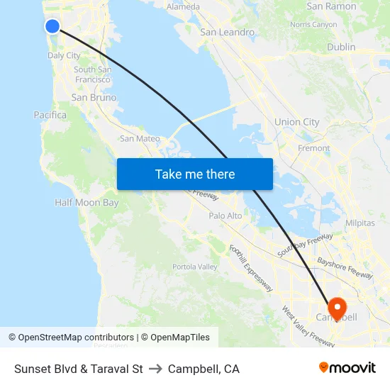 Sunset Blvd & Taraval St to Campbell, CA map