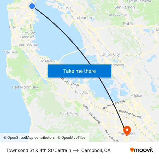 Townsend St & 4th St/Caltrain to Campbell, CA map