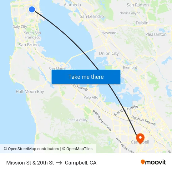 Mission St & 20th St to Campbell, CA map