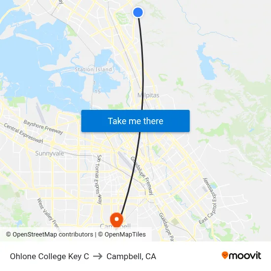 Ohlone College Key C to Campbell, CA map