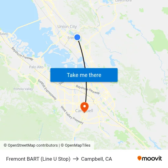 Fremont BART (Line U Stop) to Campbell, CA map