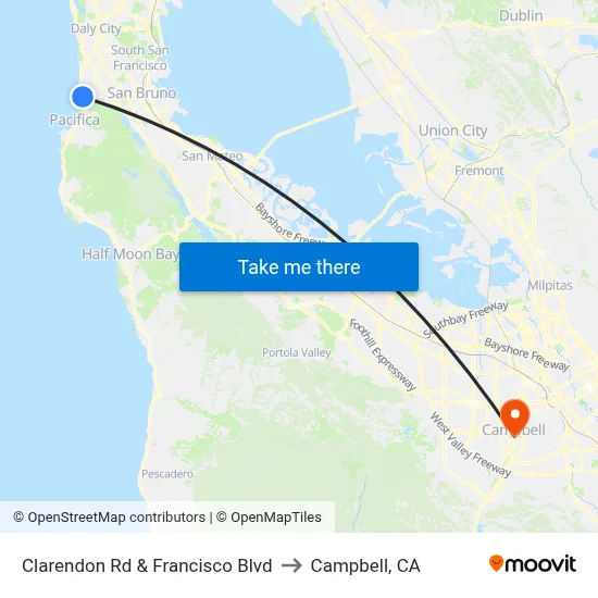 Clarendon Rd & Francisco Blvd to Campbell, CA map