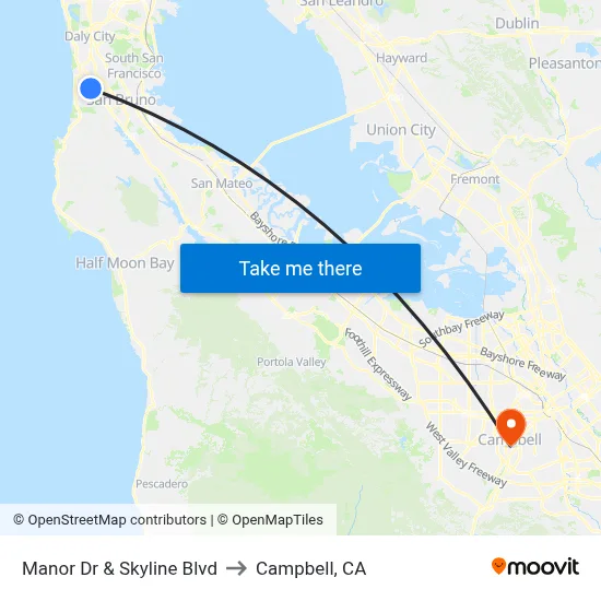 Manor Dr & Skyline Blvd to Campbell, CA map