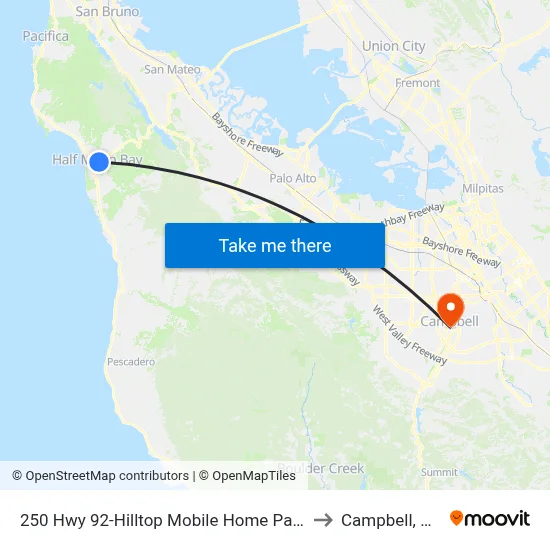 250 Hwy 92-Hilltop Mobile Home Park to Campbell, CA map