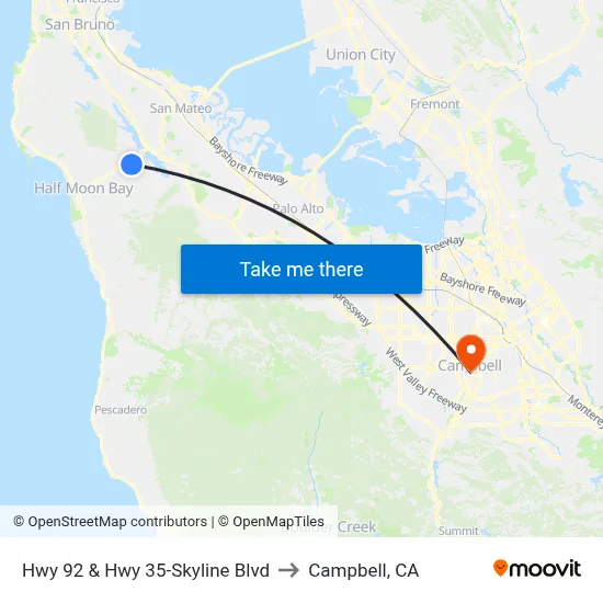 Hwy 92 & Hwy 35-Skyline Blvd to Campbell, CA map