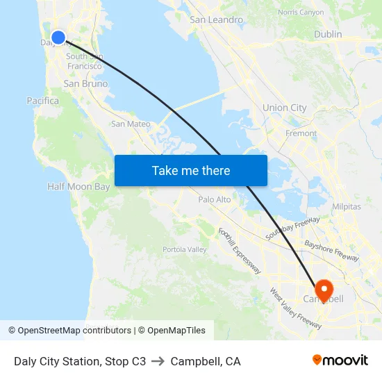 Daly City Station, Stop C3 to Campbell, CA map