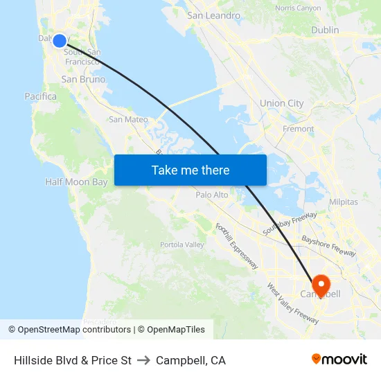 Hillside Blvd & Price St to Campbell, CA map