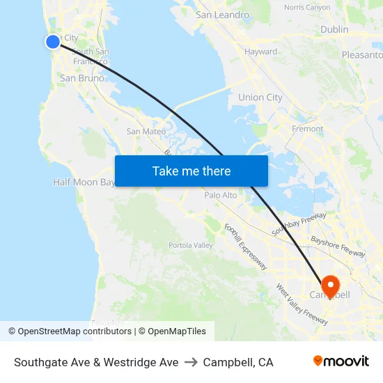 Southgate Ave & Westridge Ave to Campbell, CA map