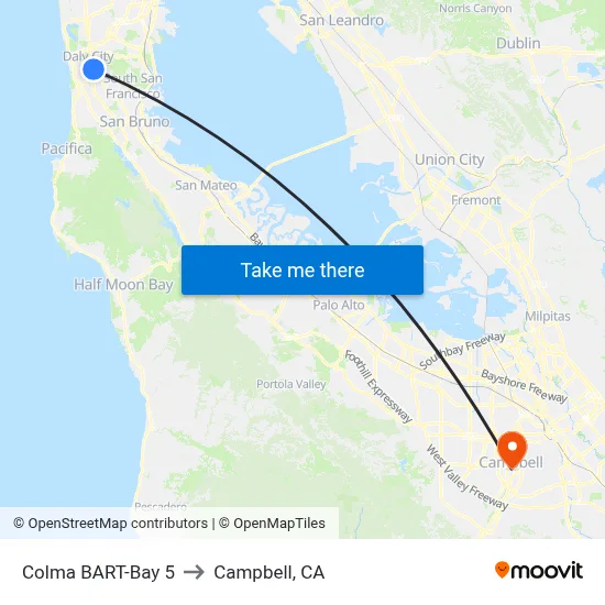 Colma BART-Bay 5 to Campbell, CA map