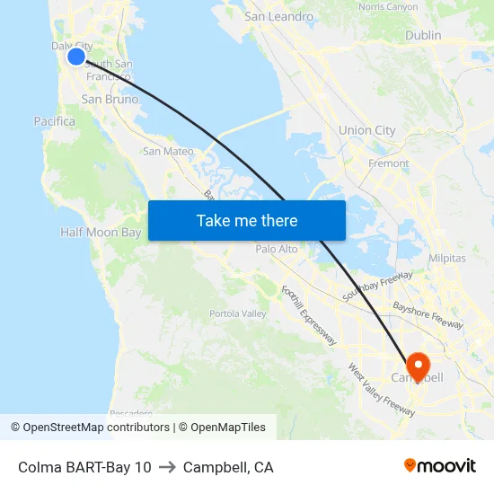 Colma BART-Bay 10 to Campbell, CA map