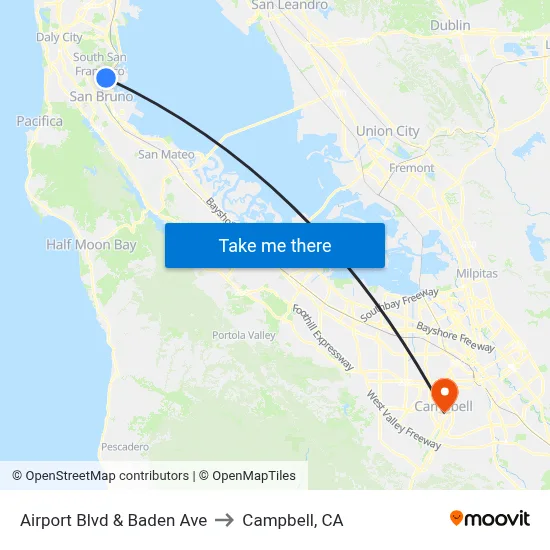 Airport Blvd & Baden Ave to Campbell, CA map