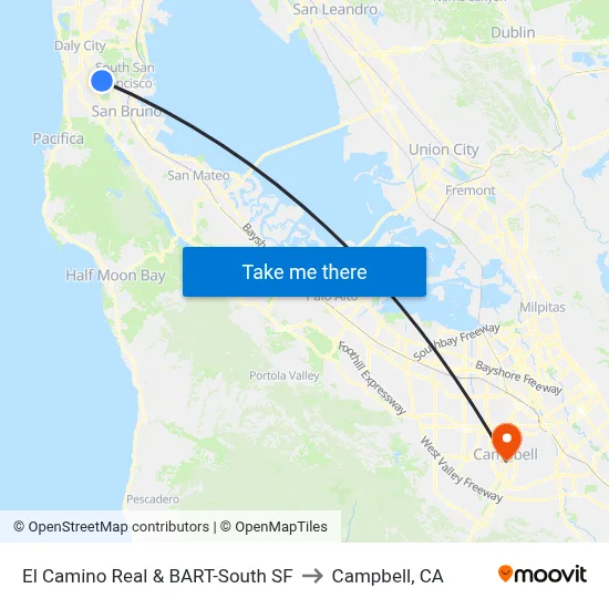 El Camino Real & BART-South SF to Campbell, CA map