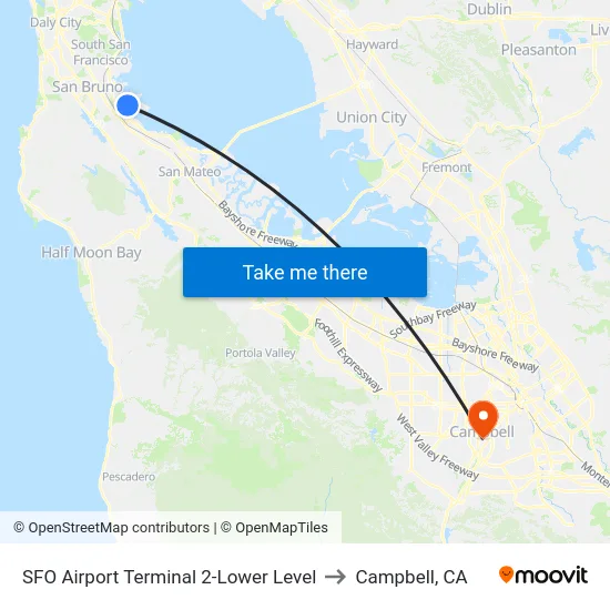 SFO Airport Terminal 2-Lower Level to Campbell, CA map