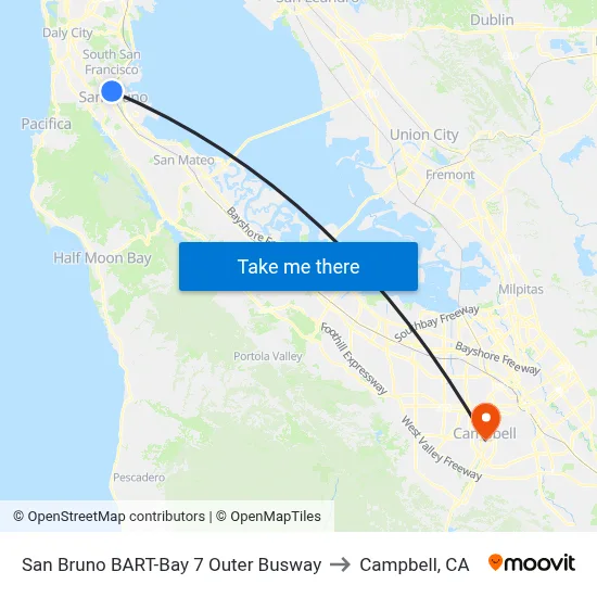 San Bruno BART-Bay 7 Outer Busway to Campbell, CA map