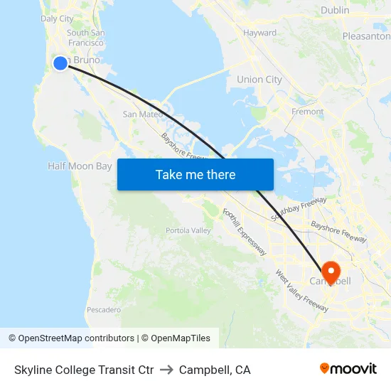 Skyline College Transit Ctr to Campbell, CA map