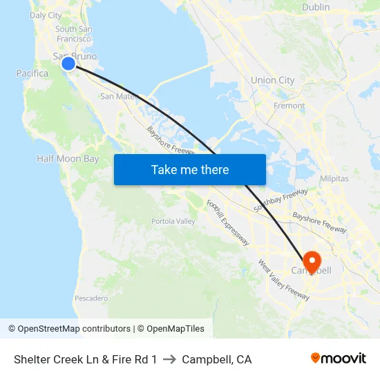Shelter Creek Ln & Fire Rd 1 to Campbell, CA map