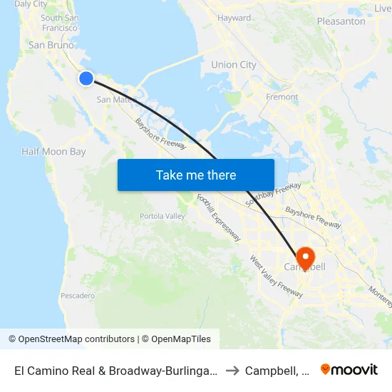 El Camino Real & Broadway-Burlingame to Campbell, CA map