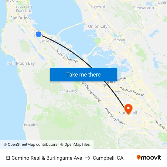 El Camino Real & Burlingame Ave to Campbell, CA map