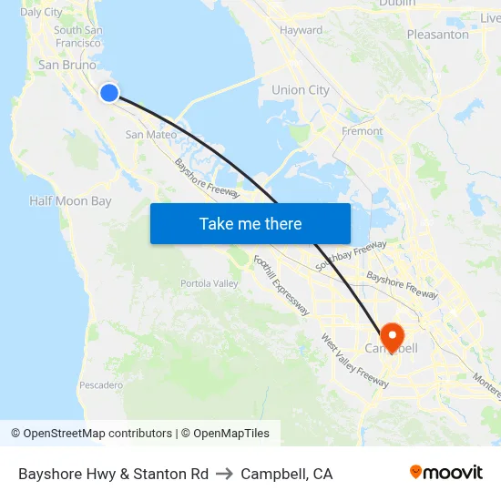 Bayshore Hwy & Stanton Rd to Campbell, CA map