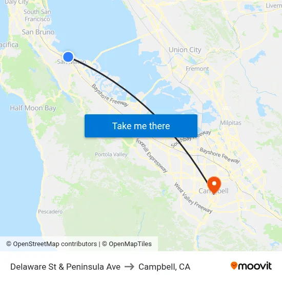 Delaware St & Peninsula Ave to Campbell, CA map