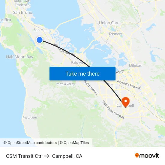 CSM Transit Ctr to Campbell, CA map