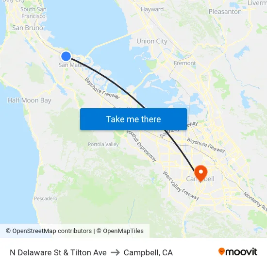 N Delaware St & Tilton Ave to Campbell, CA map