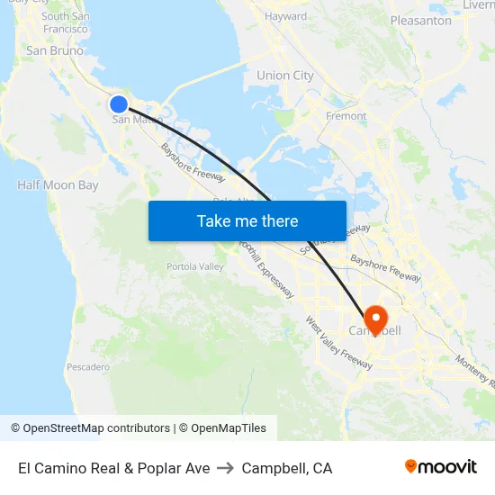 El Camino Real & Poplar Ave to Campbell, CA map