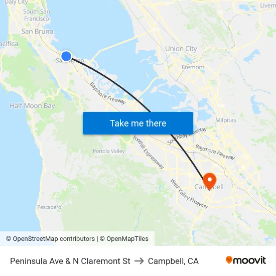 Peninsula Ave & N Claremont St to Campbell, CA map