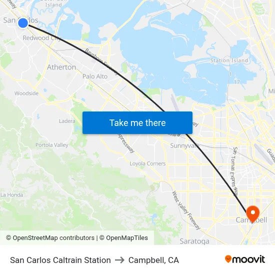 San Carlos Caltrain Station to Campbell, CA map