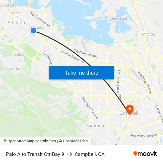 Palo Alto Transit Ctr-Bay 9 to Campbell, CA map