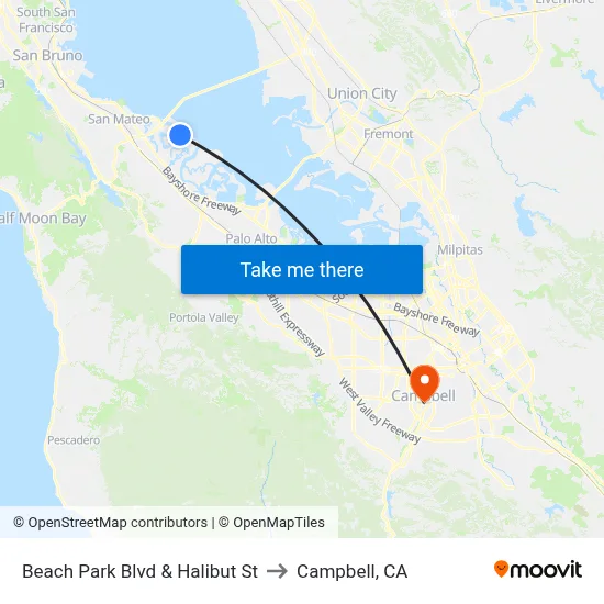 Beach Park Blvd & Halibut St to Campbell, CA map