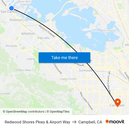 Redwood Shores Pkwy & Airport Way to Campbell, CA map