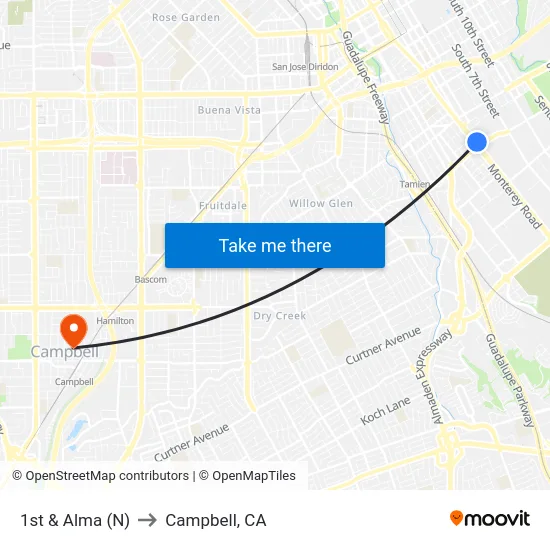 1st & Alma (N) to Campbell, CA map