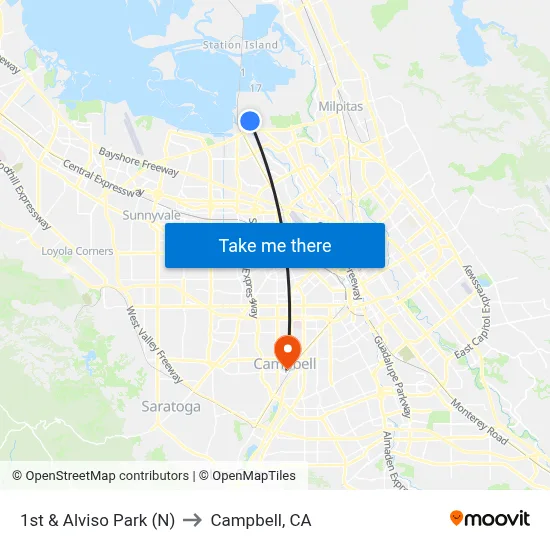 1st & Alviso Park (N) to Campbell, CA map