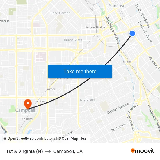 1st & Virginia (N) to Campbell, CA map