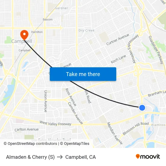 Almaden & Cherry (S) to Campbell, CA map