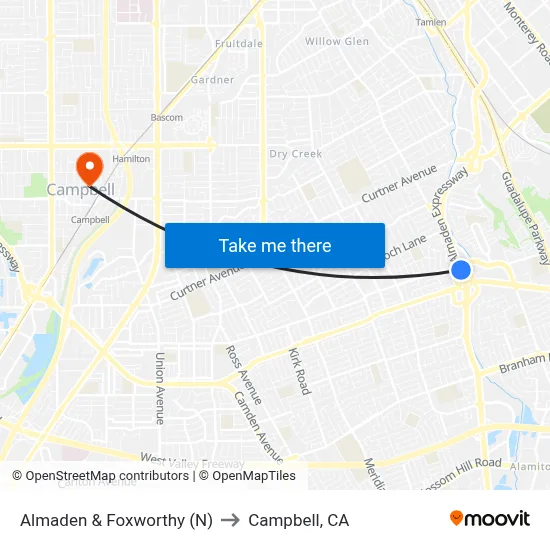 Almaden & Foxworthy (N) to Campbell, CA map