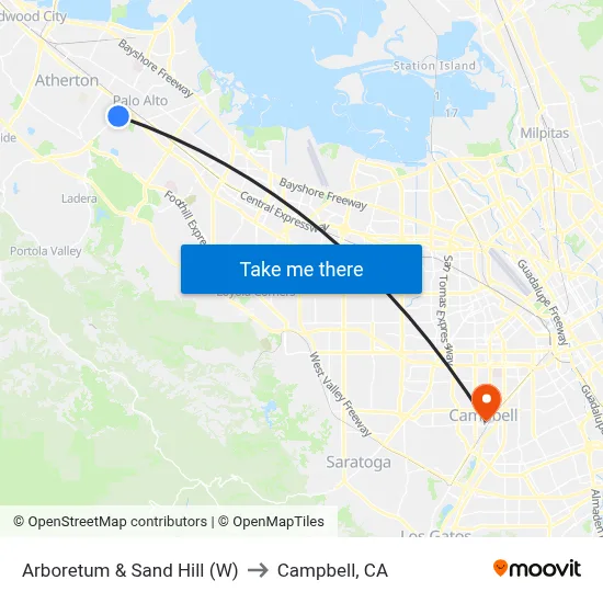 Arboretum & Sand Hill (W) to Campbell, CA map