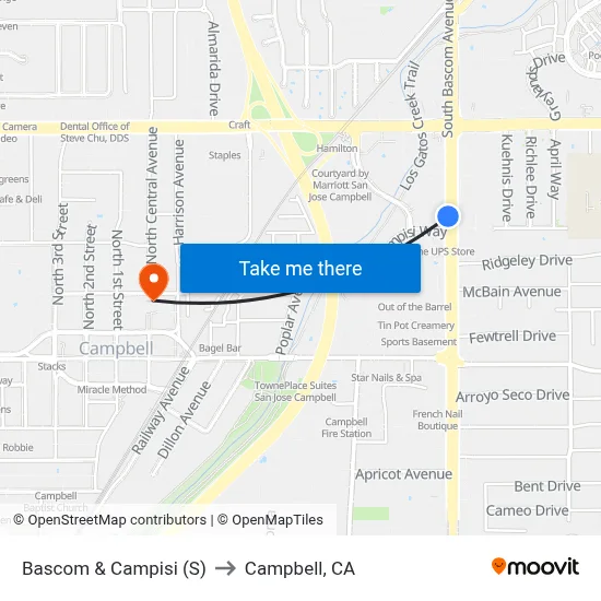 Bascom & Campisi (S) to Campbell, CA map